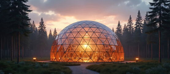 Illuminated geodesic dome in forest at twilight. Breathtaking nature view. Dome surrounded by trees, clear sky, stars. Unique modern design eco-friendly. Tranquil scene evokes peaceful serene mood at