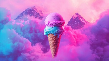 Colorful Ice Cream Cone Against Vibrant Pink and Blue Background
