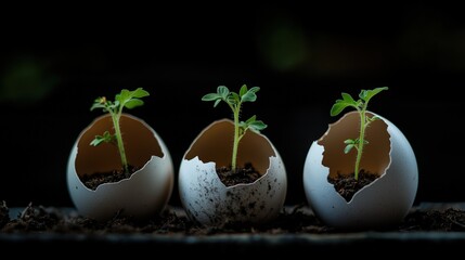 Close-up on indoor growth plants emerging from eggshells in darkness