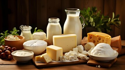 rustic arrangement of dairy products including cheese and milk on a wooden board, showcasing natural food and culinary delights