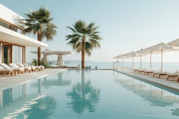 Fototapeta premium Luxurious hotel pool with palm trees overlooking the ocean in a serene coastal setting