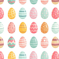 Seamless pattern of colorful Easter eggs with various decorative designs, arranged in an even grid on a white background. Perfect for festive textiles, gift wrap, and holiday decor.