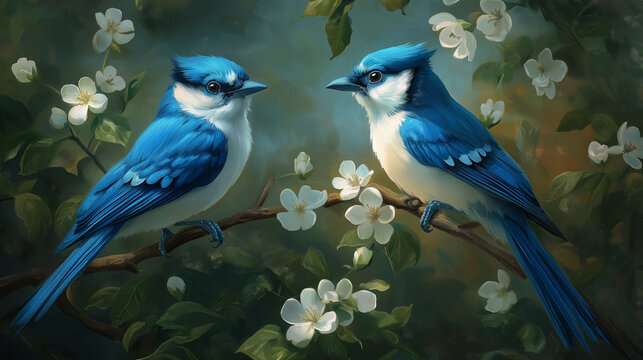 A pair of sparrows sitting against a scane with full of white flowers.