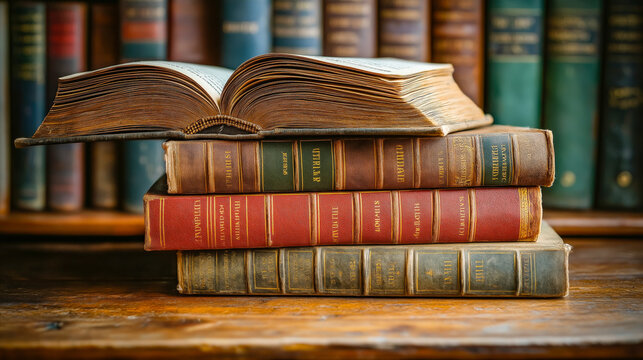 An antique stack of leather-bound books on a wooden shelf in a quiet library showcasing vintage literary treasures