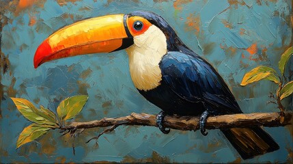 Naklejka premium Colorful toucan portrait on textured canvas