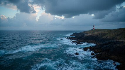 Dramatic red and white lighthouse standing guard over turbulent ocean waves against moody sky