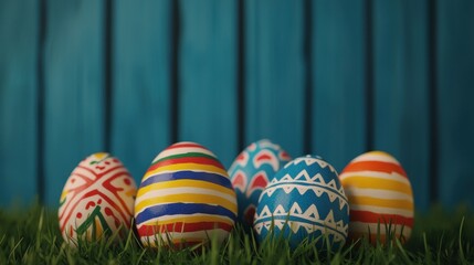Fototapeta premium Colorful Easter Eggs on Green Grass Against Blue Background