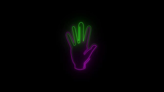 Neon glowing stop hand sign. palm flat icon for apps and websites .on a black background. The appearance of the purple and green  neon symbol hand palm.  Alpha channel Premultiplied