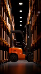 Naklejka premium Forklift in Warehouse Aisle with Pallet Racks and Illumination for Inventory Handling Operations