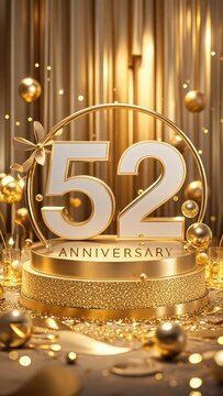 52th Anniversary Vertical Banner on a Gold Background with Glitter and Confetti, Celebrating a 52th Anniversary