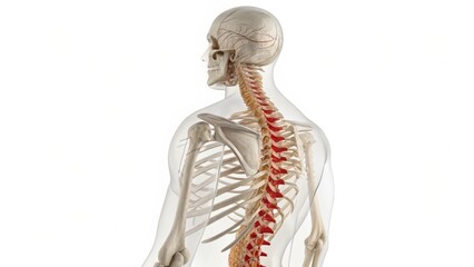 Obraz premium A detailed illustration of the human skeleton, focusing on the spine and skull, showcasing anatomical structure and alignment.