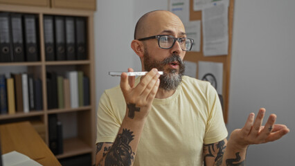 Man speaking into phone in an office with shelves of binders and a corkboard in the background