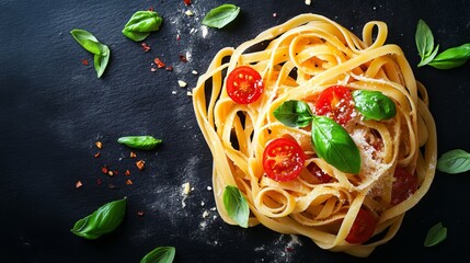 Delicious italian linguini pasta with rich tomato sauce, fresh basil, and grated parmesan on a dark black background – classic vegetarian cuisine with copy space for text and restaurant menu design
