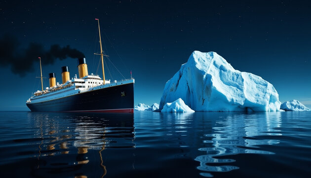 Titanic sailing ominously near massive iceberg under starry night, impending doom