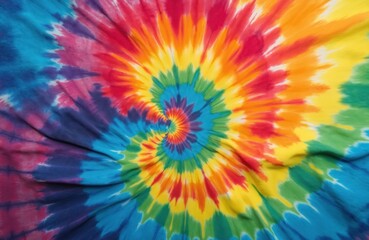 Obraz premium Vibrant tie dye background with spiral pattern. Rainbow colors swirl creating unique textile texture. Abstract design with blend of red, yellow, blue, green tones for textile or template.