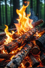 flames are burning in the middle of a campfire in the woods