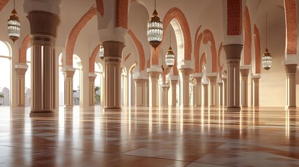 Fototapeta premium Elegant interior of a grand hall with arches and lanterns, showcasing intricate architecture and serene ambiance