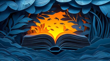 Vibrant Paper Cut Design of Glowing Book Opening into Enchanting World of Education and Learning  Conceptual depicting a book as a gateway to a lush