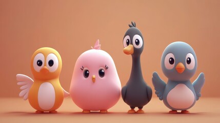 Obraz premium Four cute cartoon birds standing together on a plain background