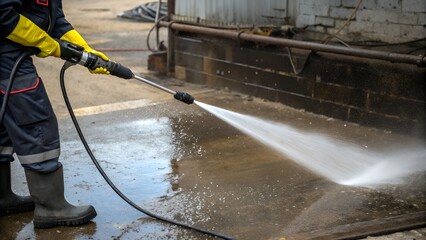 Professional pressure washing on industrial concrete surface for deep cleaning
