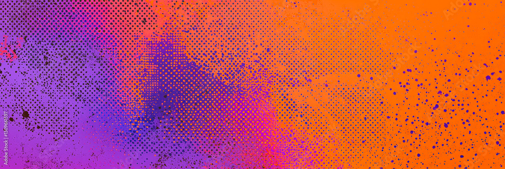Poster The artwork features a striking combination of orange and purple hues, creating an energetic and dynamic abstract pattern with textured dots and splashes that engage the viewer