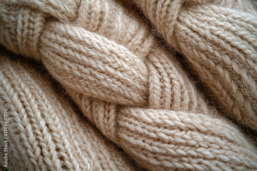 Poster close-up of beige knitted fabric, showcasing texture and intricate braid pattern.