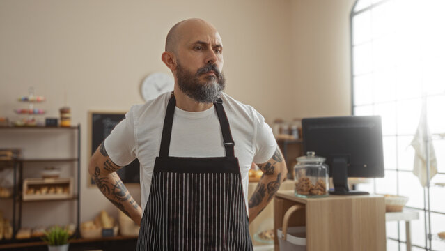 Handsome hispanic man with beard standing in bakery room indoors wearing apron