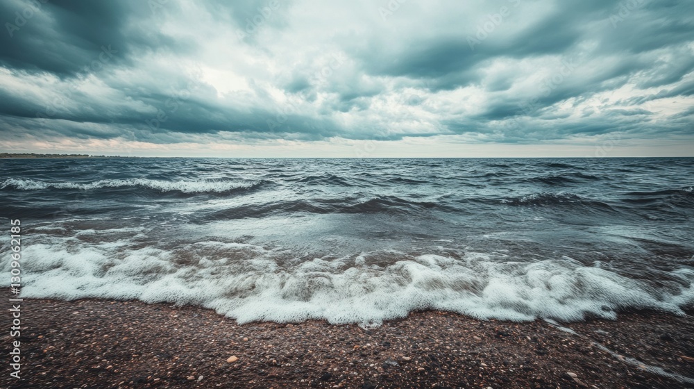 Poster Lonely seashore with gentle waves and muted colors under an overcast sky inviting reflection and calmness Generative AI