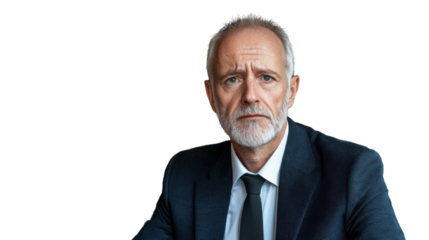 Mature businessman with serious expression, wearing a suit, portrait against a white background conveying professionalism and confidence
