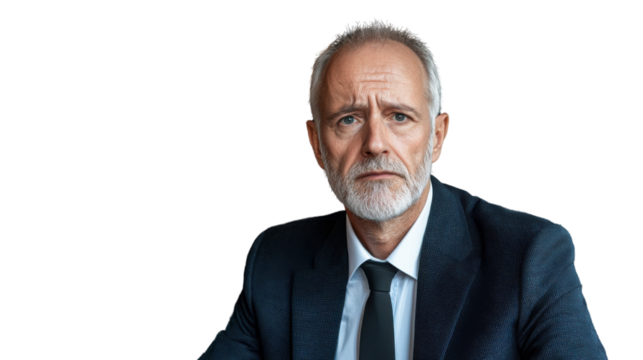 Mature businessman with serious expression, wearing a suit, portrait against a white background conveying professionalism and confidence