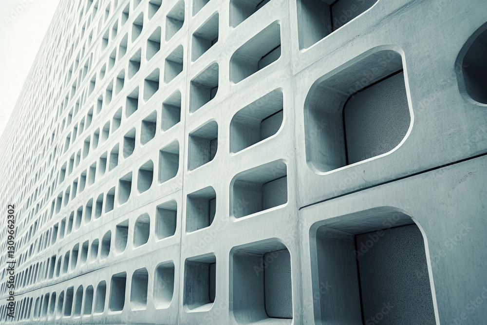 Aufkleber Abstract architectural image featuring a modern concrete building with a repeating pattern of rectangular recesses.