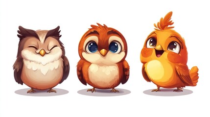 Fototapeta premium Three Cute Cartoon Birds Smiling Happily Together On A White Background