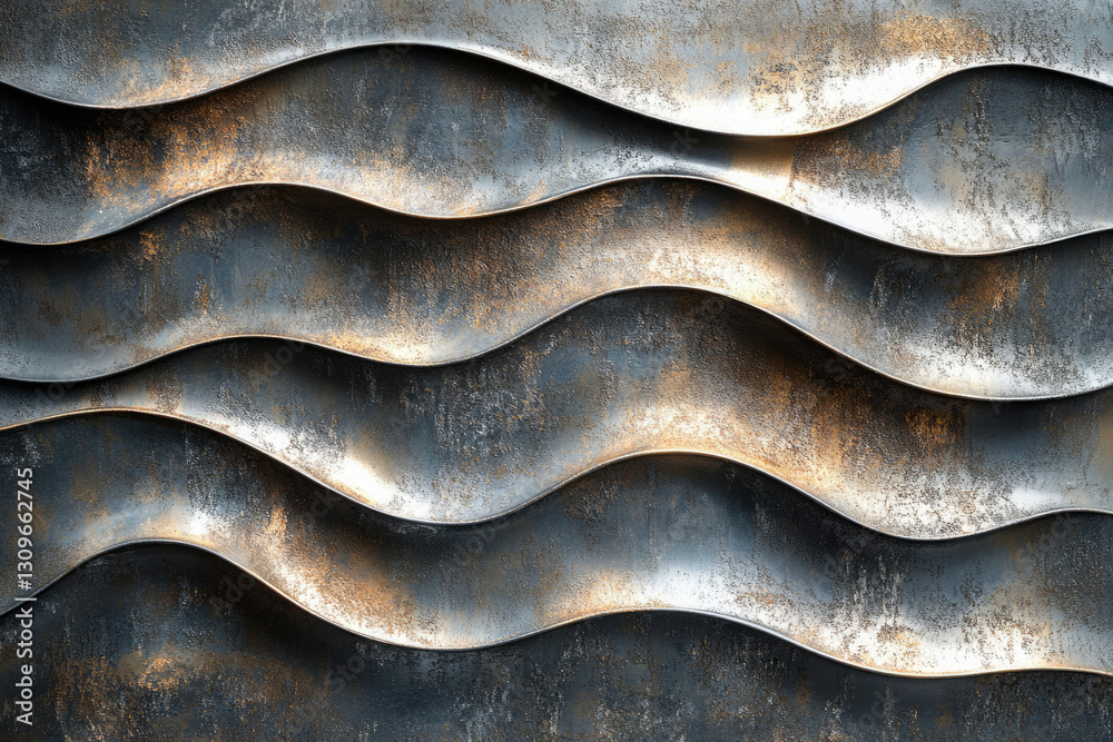 Poster abstract metallic texture with wavy, undulating pattern, showing a weathered, bronze and grey surfac
