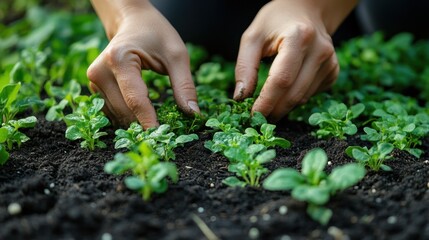 Nurturing Growth: A pair of hands delicately tends to vibrant young plants, cultivating a flourishing garden in a close-up shot. 