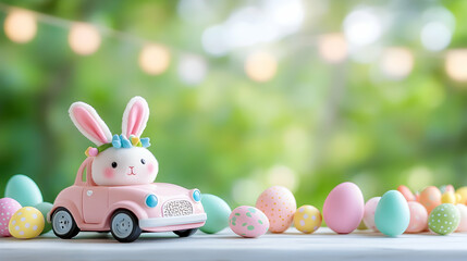 Cute bunny in pink car with Easter eggs.