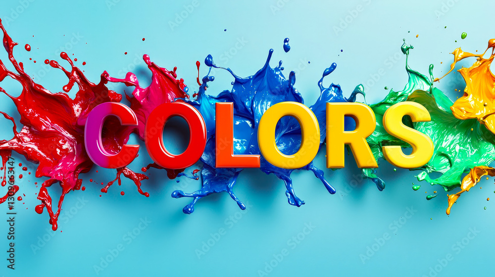 Poster Colorful paint splashes create a vibrant display with the word 'Colors' in bold letters on a light blue background