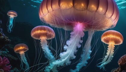 Glowing orange jellyfish with blue-white tentacles drift in the deep blue ocean, with hints of coral, creating a mesmerizing underwater scene