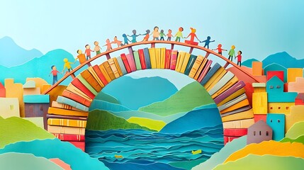 Whimsical paper cut style depicting a bridge made of stacked books serving as a symbolic connection between children from diverse cultures and backgrounds encouraging the of knowledge imagination