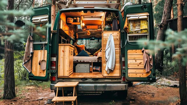 World travelers green van with a rustic wooden interior and bed 4K