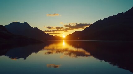 Majestic Sunset over Serene Mountain Lake