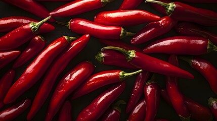 A Collection of Bright Red Chili Peppers Scattered Against Black