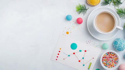 Creative workspace with coffee, decorative elements, and a colorful drawing on a bright table