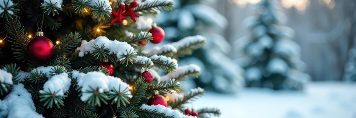 Snow-covered pine tree with red Christmas branches, tree garlands,