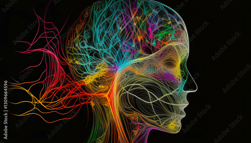 Poster Abstract representation of human brain intertwined with colorful neural pathways showcasing creativity and thought