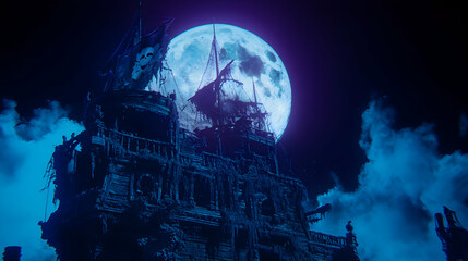 Obraz premium Eerie, decaying pirate ship under a vibrant blue moon; mysterious, ghostly atmosphere. Perfect for Halloween, fantasy, or adventure themes.