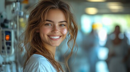A smiling woman with long, dark hair shows her bare arm, revealing a decorative Band-Aid on her shoulder.