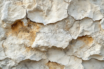 Fototapeta premium Close-up of a weathered, cracked, and textured stone wall with patches of yellowish discoloration.
