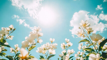 White flowers reach towards the bright sun against a vibrant blue sky scattered with fluffy clouds in a tranquil spring setting