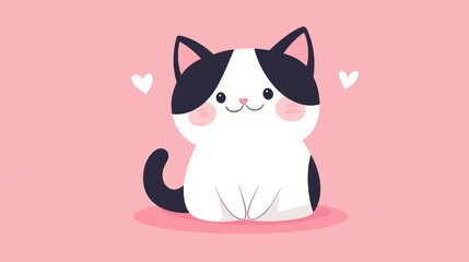 Fototapeta premium A cute cartoon cat with black and white fur and hearts
