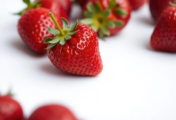 Single ripe strawberry isolated on white, vibrant red, juicy, healthy, design, dessert